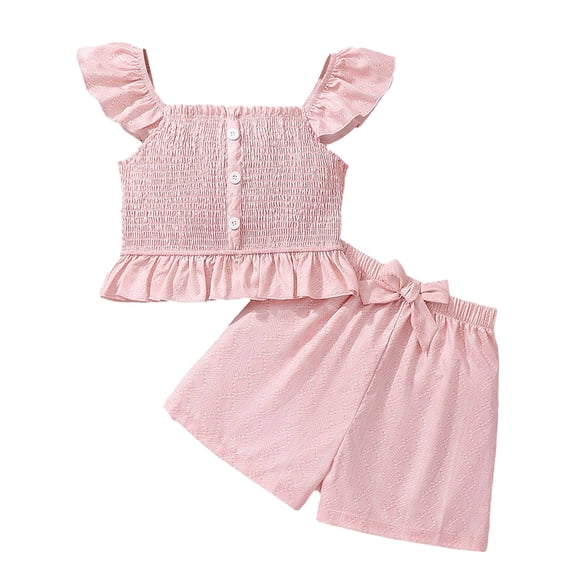 Ulitacool Teen Clothes For Girls Crewneck Summer Outfit Sleeveless Ruffle Top With Bow Shorts Two Piece Play Lovely Outfits Summer Clothings Pink 9-10 Years