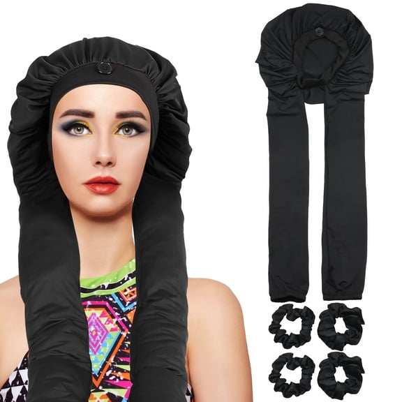 GIRACOA 2-in-1 Long Hair Bonnet for Braids & Curls, Set Includes 4 Satin Scrunchies - Protective Sleep Cap for Women