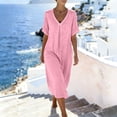 thumbnail image 4 of HBGVBA Women's Casual Linen Maxi Dress,Short Sleeve Dresses,Summer Solid Color V-Neck Pocket Linen Long Maxi Soft Comfortable Dress, 4 of 5