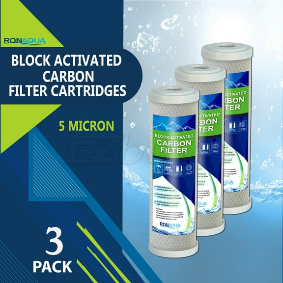 Block Activated Carbon Coconut Shell Water Filter Cartridge 5 Micron for RO & Standard 10” Housing by Ronaqua (3 Pack)