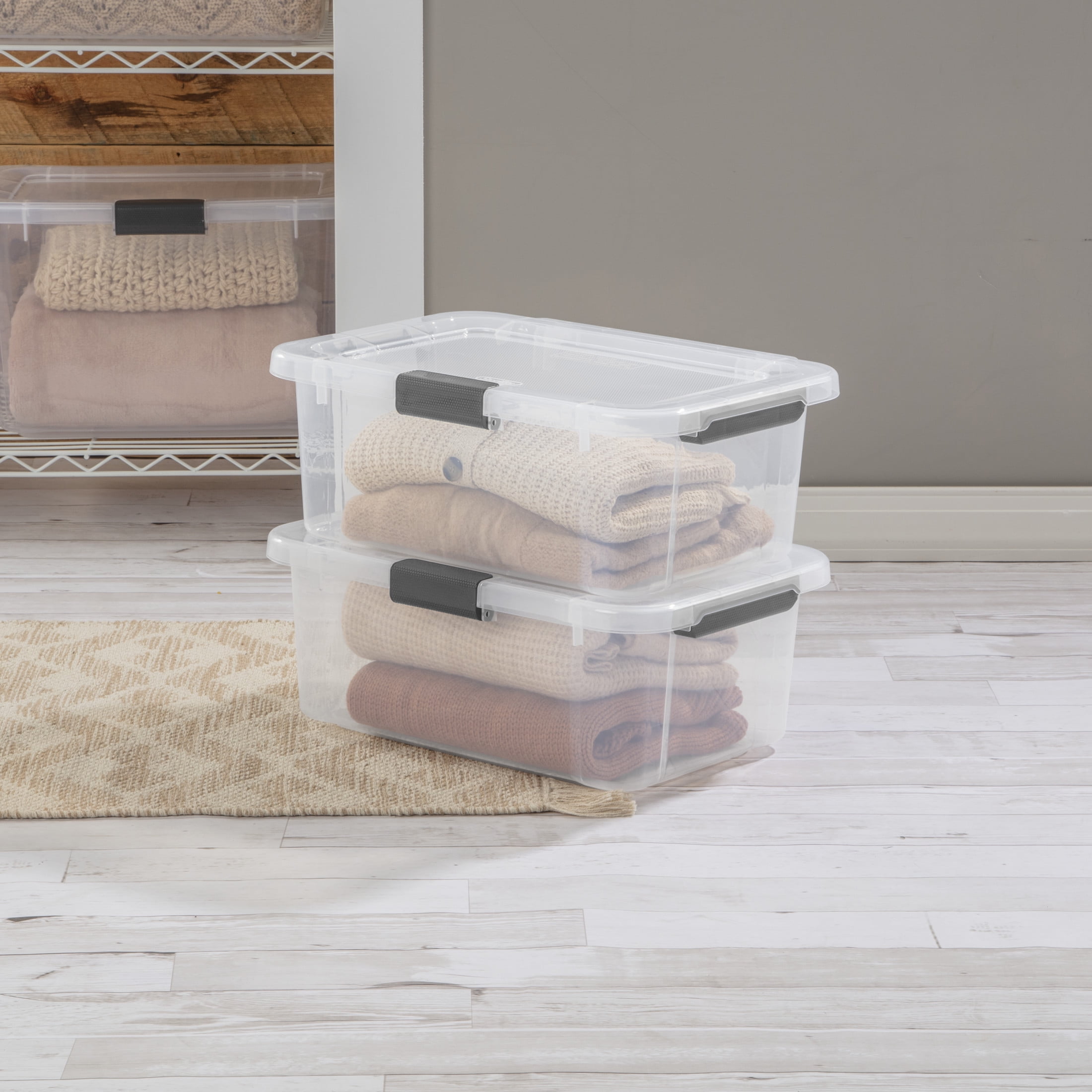 Sterilite 20 Quart HingeLID Clear Storage Bin with Latch Lid and Comfort Grip, Dark Gray, 6 Pack