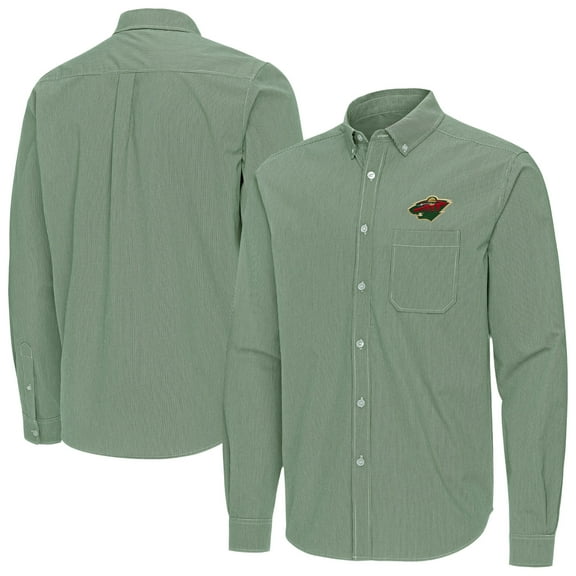 Men's Antigua Green Minnesota Wild Porter Woven Tri-Blend Long Sleeve Button-Down Shirt