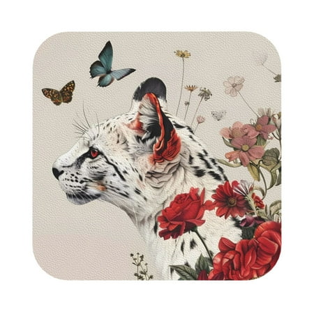 

Pofeuu Floral Leopard Butterflies Print Leather Coasters Set of 6 Round Cups Mugs Mat Pad for Home Kitchen Heat Resistant Drink Coasters Square