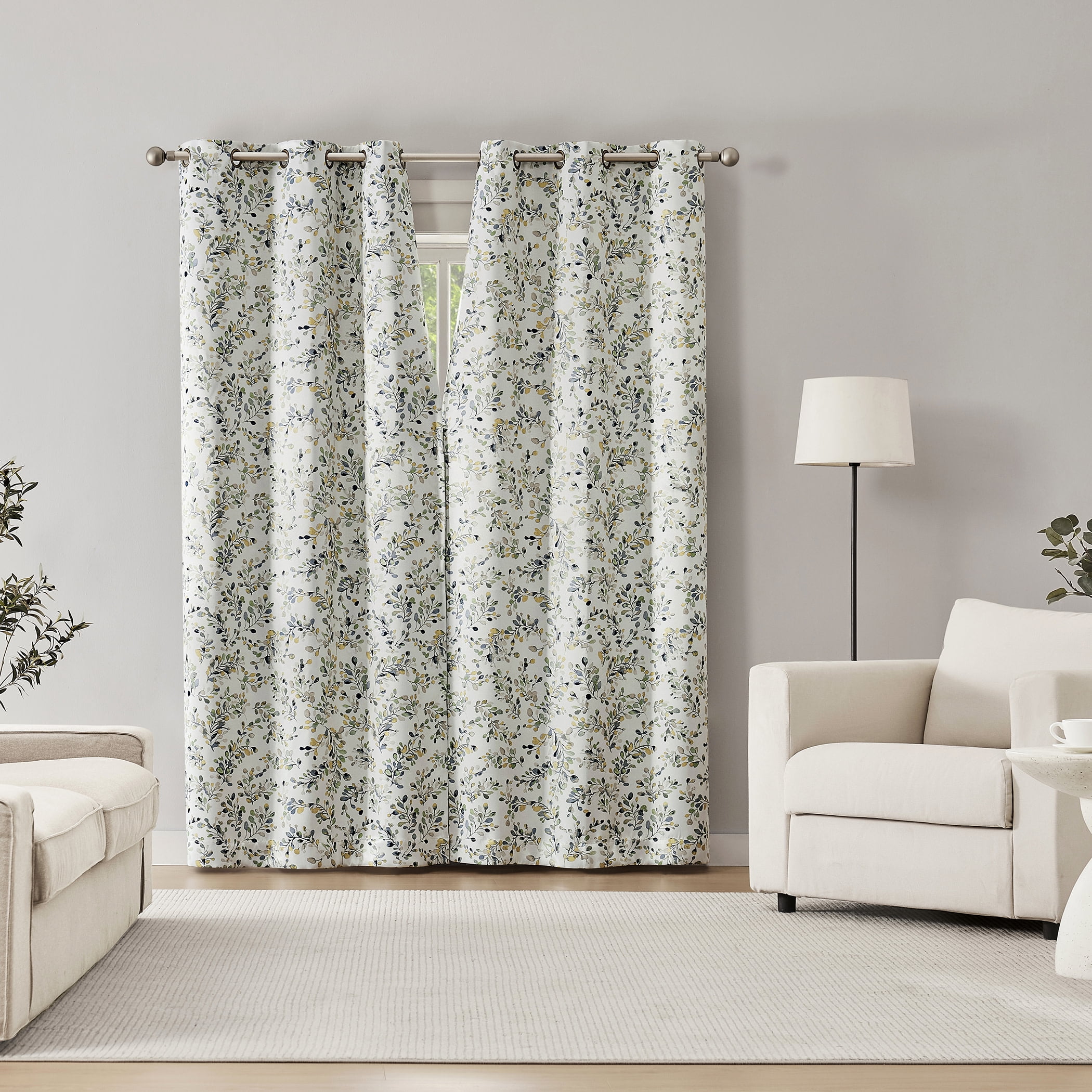 Sun Zero Quincy 2-pack Painted Foliage Magnetic Closure 100% Blackout Grommet Curtain Panel Pair, 40"W x 84"L, Blue