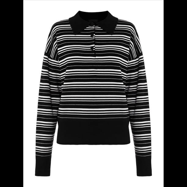 Camisa de Rayas para Mujer, Larga, Color Block, Cuello con Muescas, Camiseta de Verano Negro S