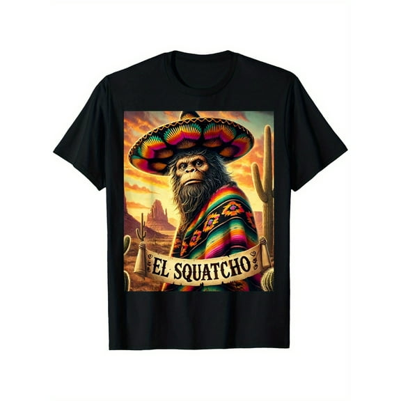 Men's "El Squatcho" Graphic Tee - 100% Cotton, Relaxed Fit, Vibrant Cartoon Print, Short Sleeve, Casual Tee for All Seasons