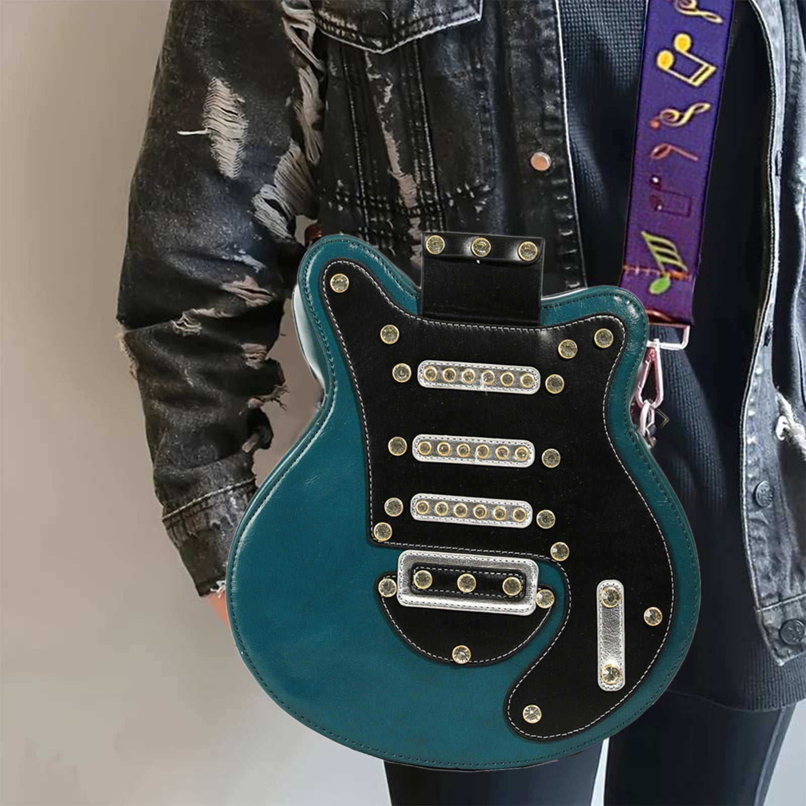 Mauxuk Unique Guitar Shaped Backpack - Stylish PU Leather Sling Bag, Rhinestone Rivets, Adjustable Strap, 12.2x11x3.1in, 1.3lb, Travel & Gifts