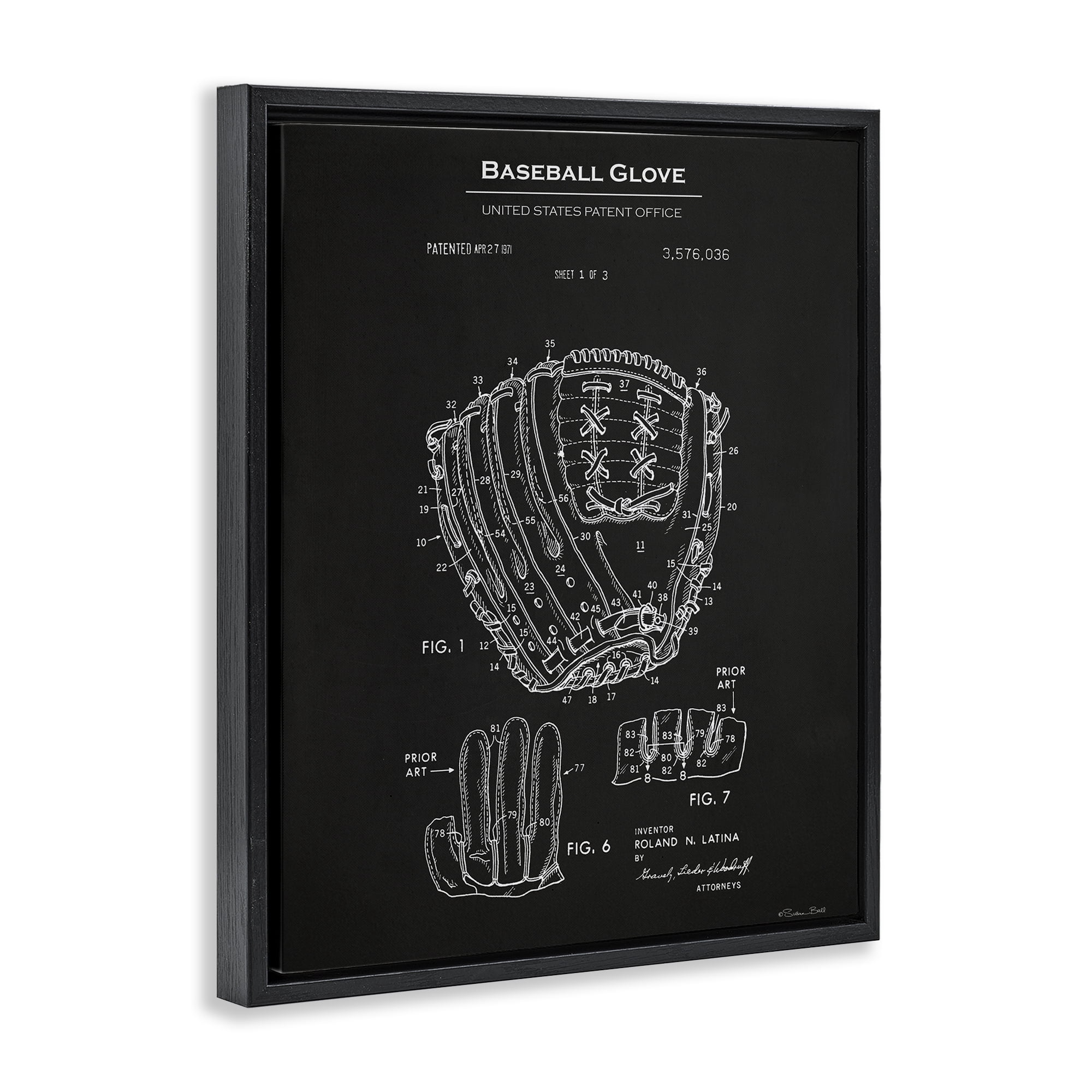 Stupell Industries Baseball Glove Blueprint Sports Painting Black Floater Framed Art Print Wall Art, 17 x 21