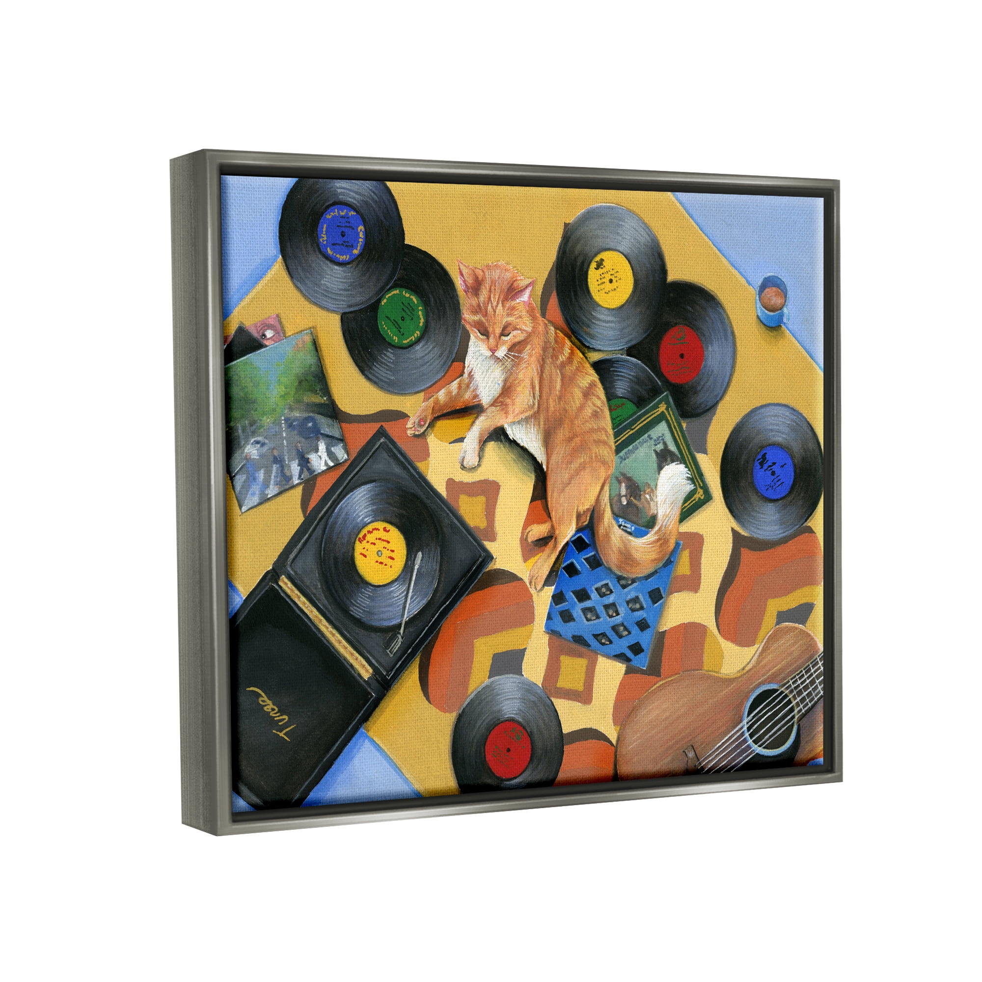 Stupell Industries Cat & Vintage Record Player Animals & Insects Painting Gray Floater Framed Art Print Wall Art, 31 x 25