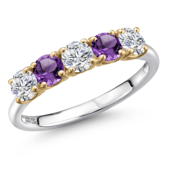 Gem Stone King 925 Silver and 10K Yellow Gold Lab Grown Diamond and Purple Amethyst Wedding-Bands Ring for Women | 1.31 Cttw | Round 4MM | Gemstone April Birthstone | Size 6