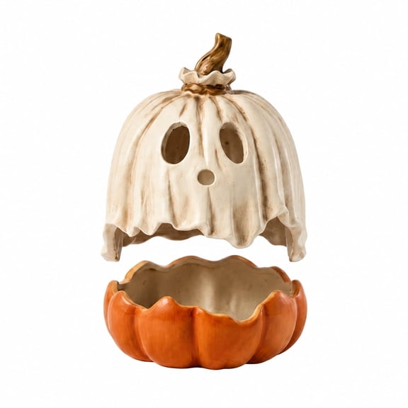 Halloween Kitchen Decor,Fireplace Decor,Large Ghost Masked Pumpkin Halloween Decoration Spooky Halloween Pumpkin Figurine With Removable Ghost Mask Statue For Home(yellow 10IN)