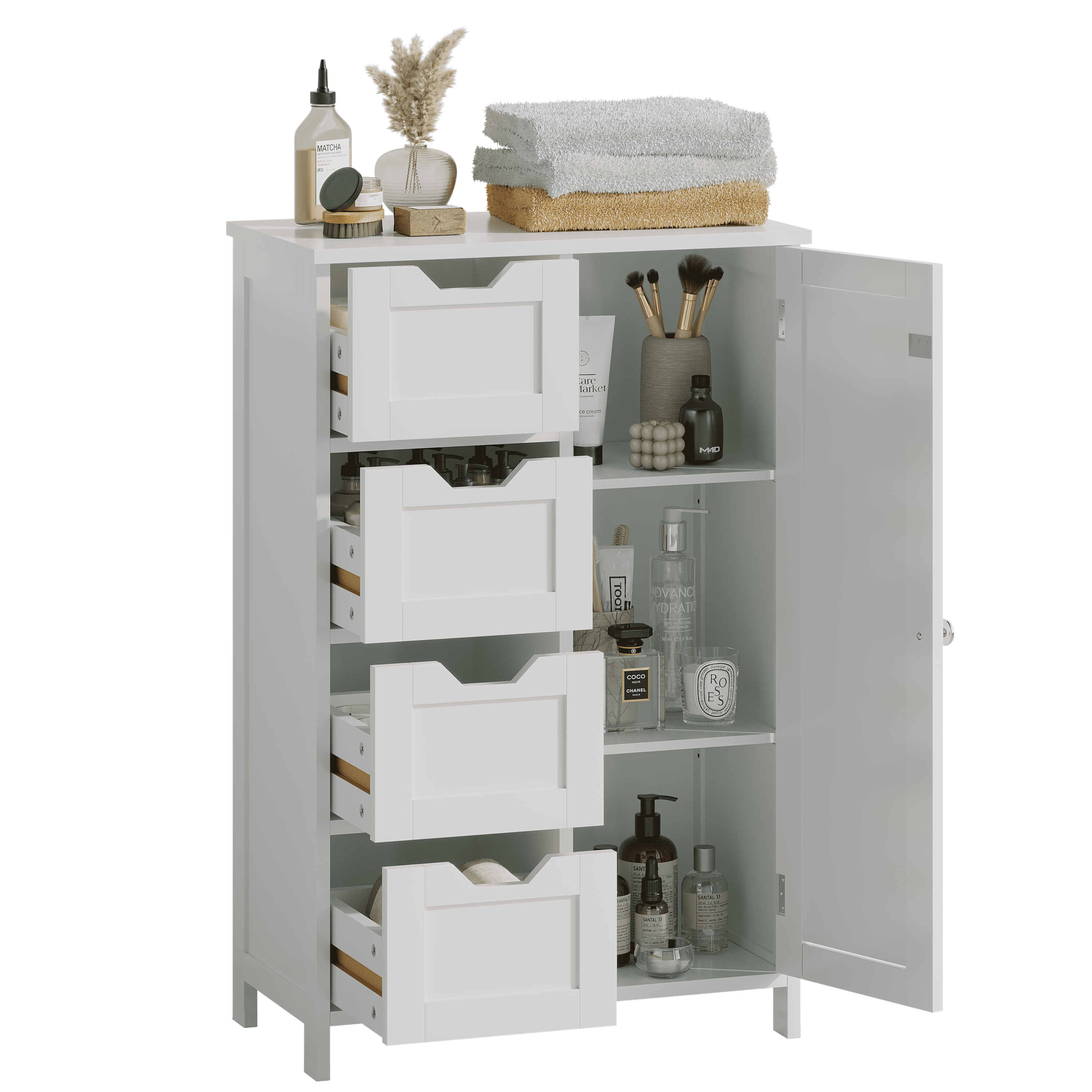 Mintazer Bathroom Floor Cabinet with Adjustable Shelf & 4 Drawer and Door, Freestanding Storage Cabinet for Bathroom & Hallway, White