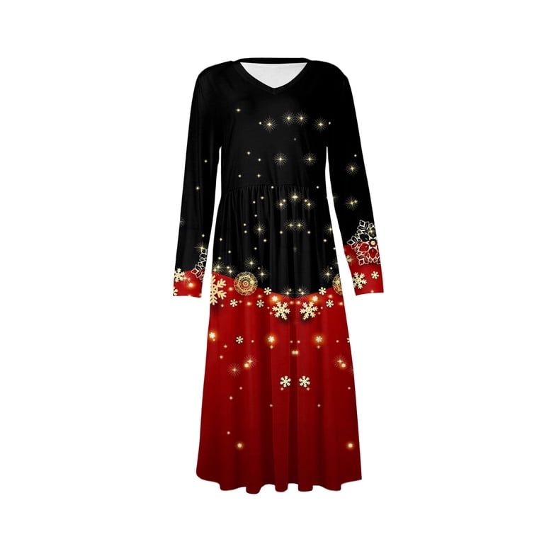 Christmas Dresses for Women Women's Fashion Dress Spring V-neck Long Sleeve Dress with Christmas Print for Holiday Party,Red,XL