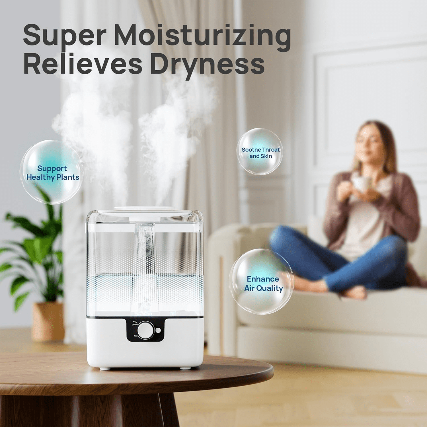 6L Humidifiers for Bedroom Large Room Home, Cool Mist Top Fill Humidifiers for Baby Nursery and Plants, 26dB Quiet, Nightlight, Up to 50 Hours, Oil Diffuser 1 Pack + 2 Mist Outlets