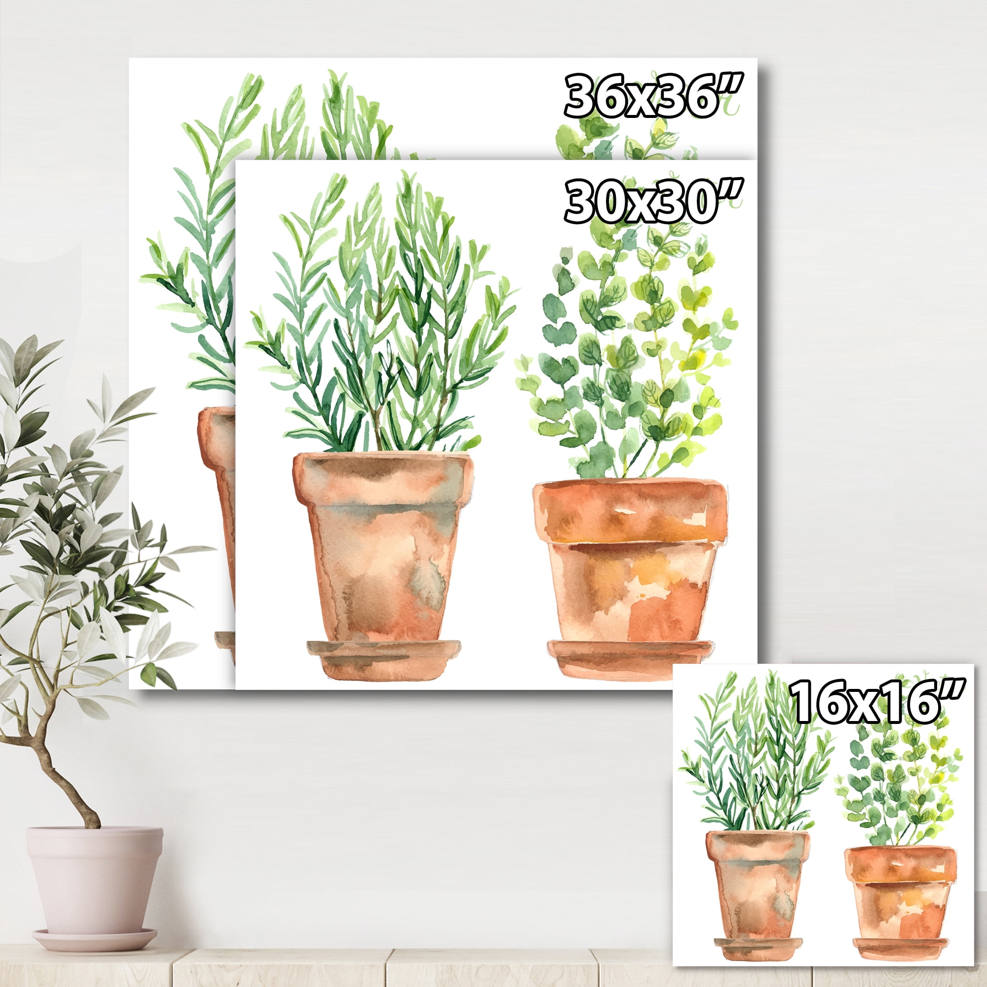 Designart ' Two Green House Plants In Orange Cly Pots ' Traditional Canvas Wall Art Print