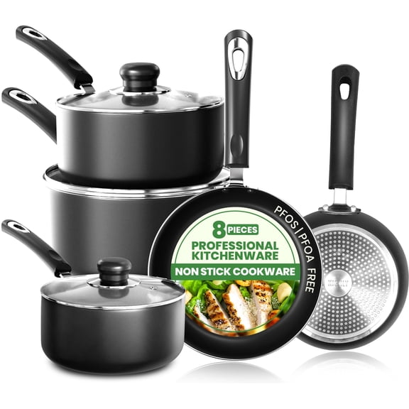 KICHLY 8 Piece Pots and Pans Set, Non Stick Kitchen Cookware Set with 20cm & 28cm Frying Pans and 16cm, 18cm, 20cm Saucepans with Lids, Induction Compatible Pots and Pans Set Non Stick, Black