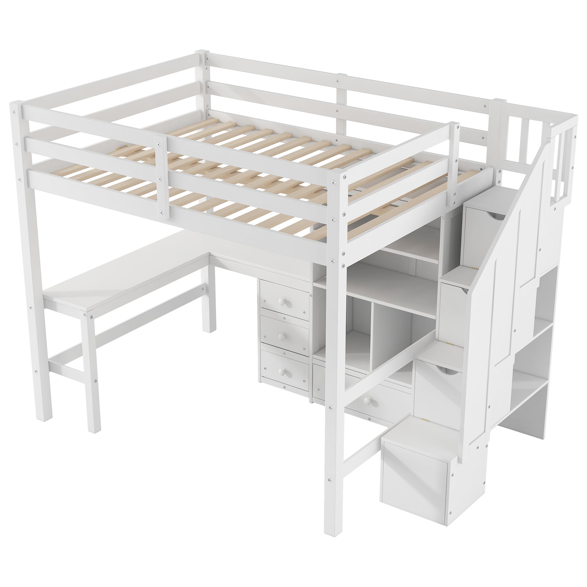 Euroco Full Size Pine Wood Loft Bed with Desk and Cabinets for Kids Room, Storage Staircase Shelf, White