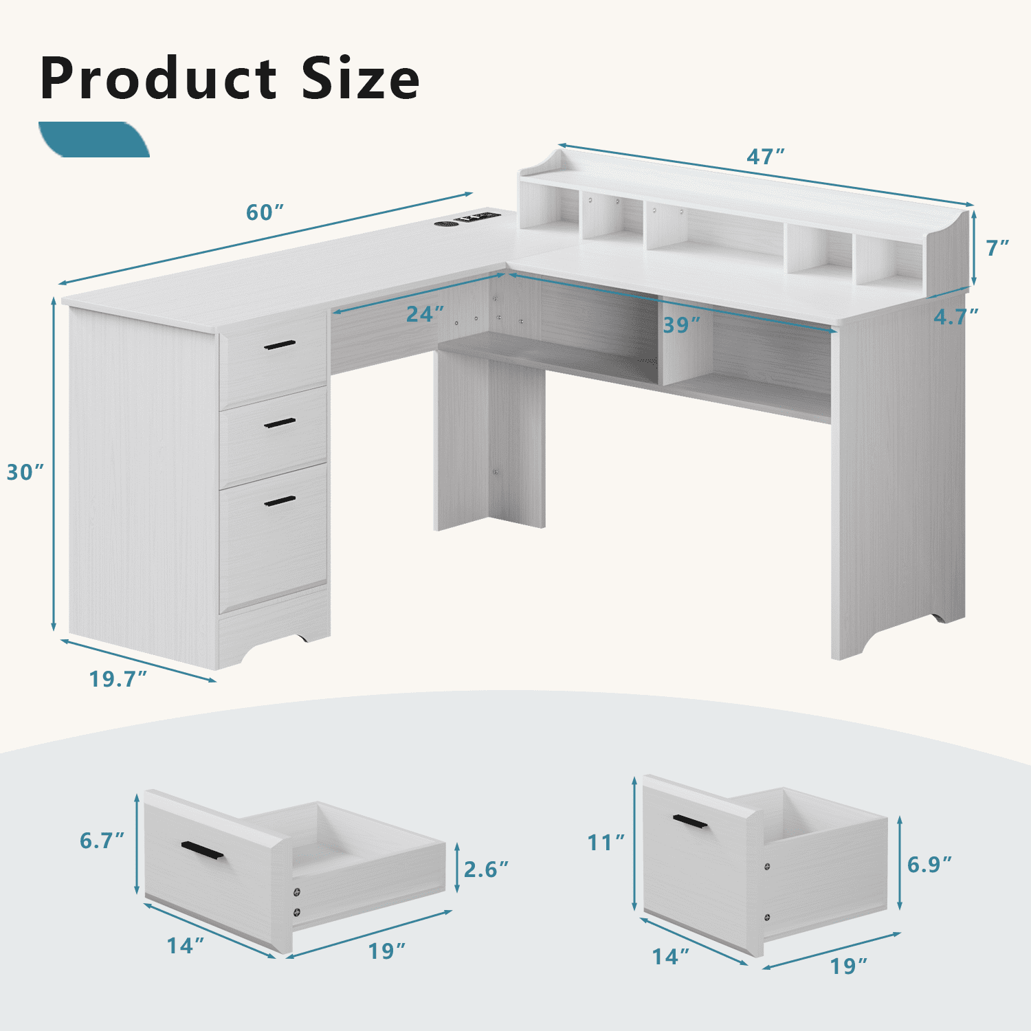 Catrimown White L Shaped Desk with Drawers, 60 Inch Corner Computer Desk with Power Outlet and USB Ports, Wooden Home Office Desk with File Cabinets, White