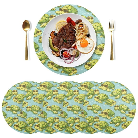 Green Turtles Black Round Placemats Plate Mats 15 Inch Non-Slip Heat Resistant Washable PVC Set Indoor for Kitchen Dining Table 1PC