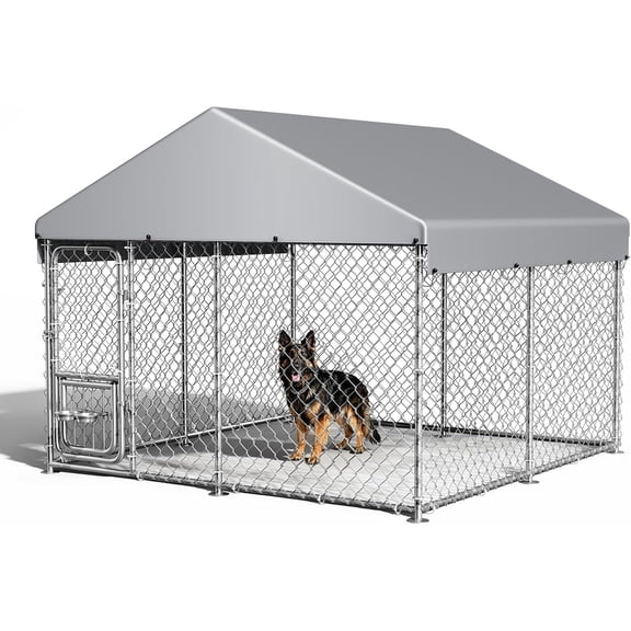 Large Metal Outdoor Dog Kennel – 7.5x7.5 FT x 6.6 FT Wire Dog Enclosure with Waterproof Roof, 360° Rotating Feeding Door, Secure Outdoor Run for Backyard or Farm