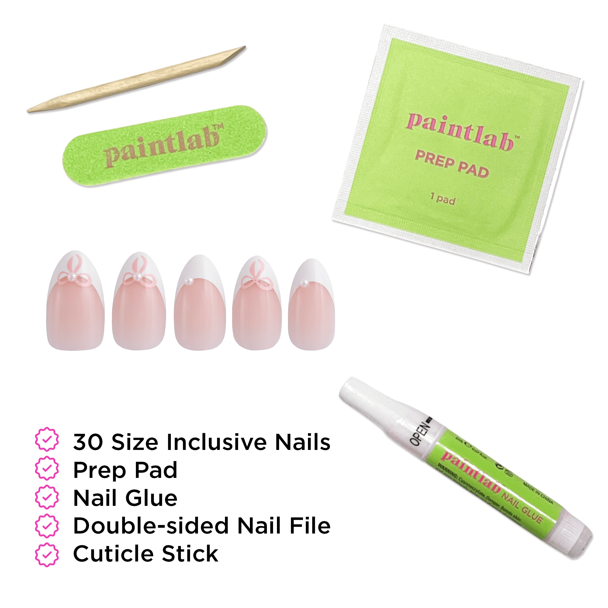 PaintLab Short Almond Press On Nails, 3D Belle Bows French Tip, 30 Count
