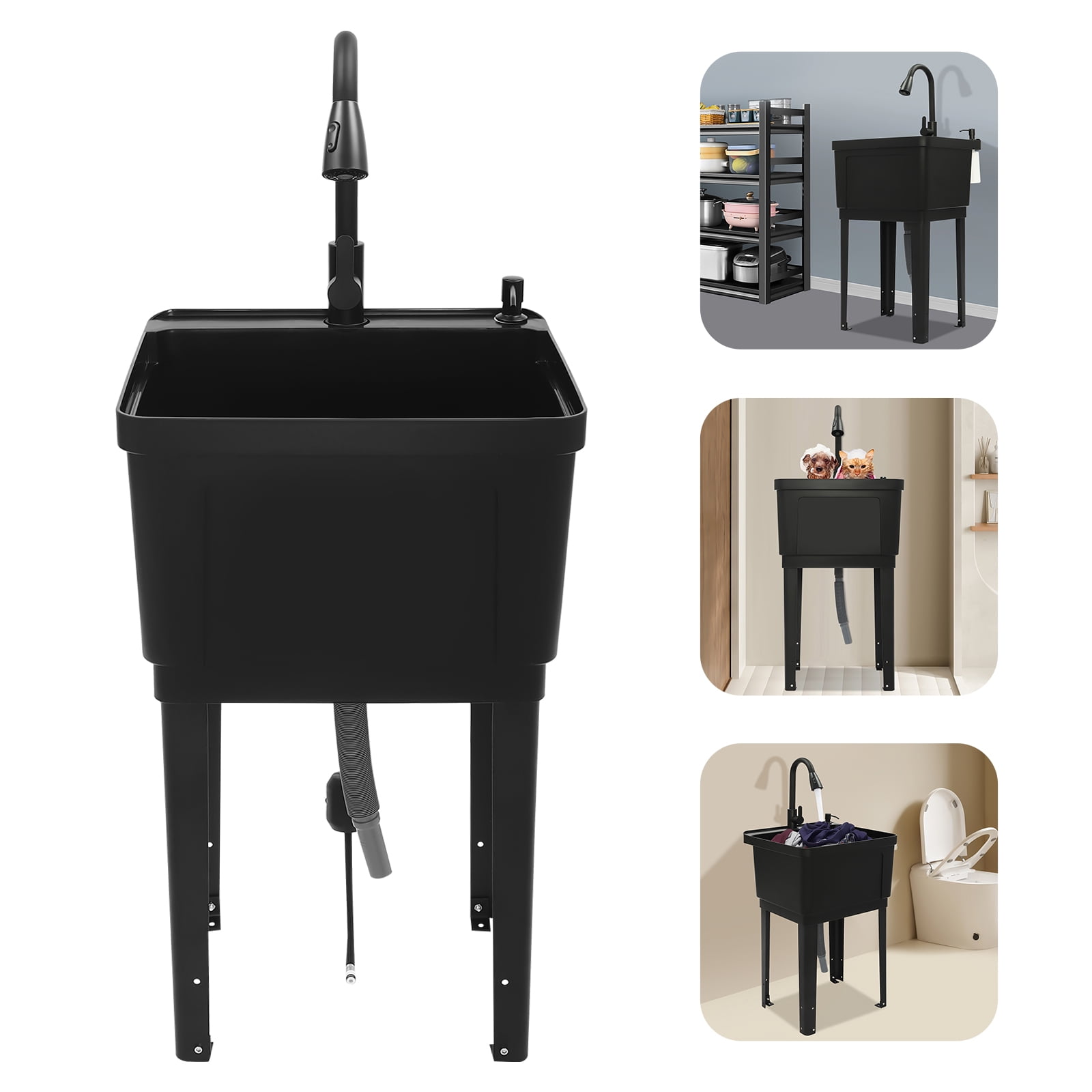 Freestanding Laundry Sink 15.85 Gal Capacity 19.3x16x11.8 Inch PP Utility Sink with Pull-Down Faucet