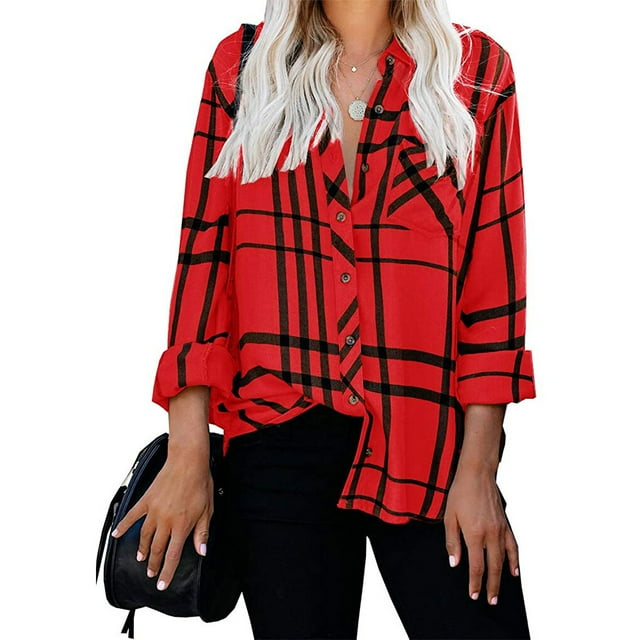 sweethay Camisa a cuadros de rayas de manga larga para mujer, blusa Sexy holgada con bolsillo, ropa de trabajo para fiestas, compras, Top de Type2 NO2