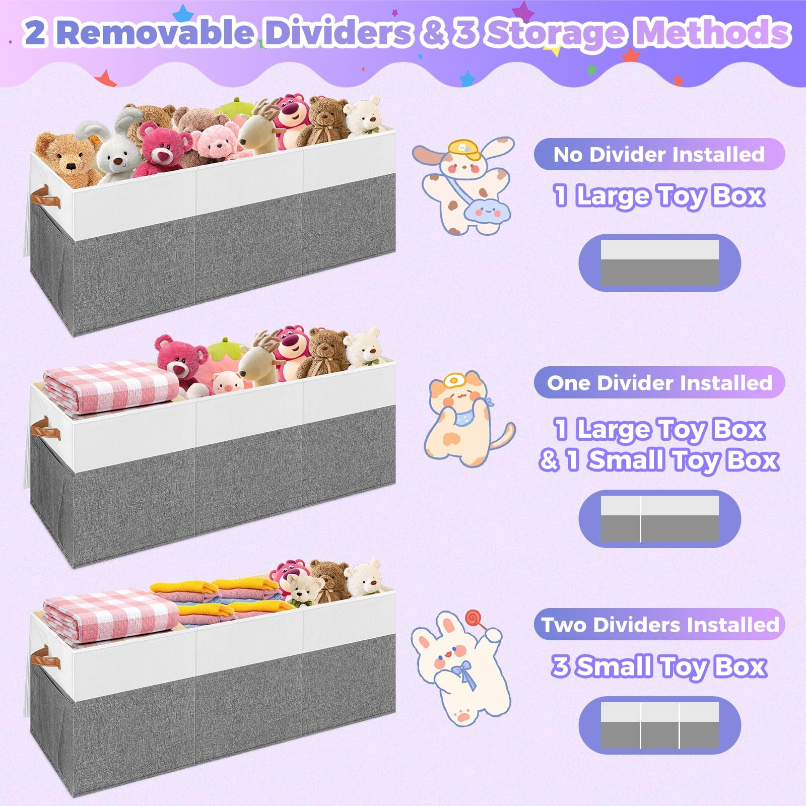 Extra Large Toy Box, Collapsible Sturdy Kids Toy Chest Storage Box with 3 Side bags and Removable Lids, 40"X14"X16"，large toy box for Nursery Room, Playroom,Closet,Home Organization,School