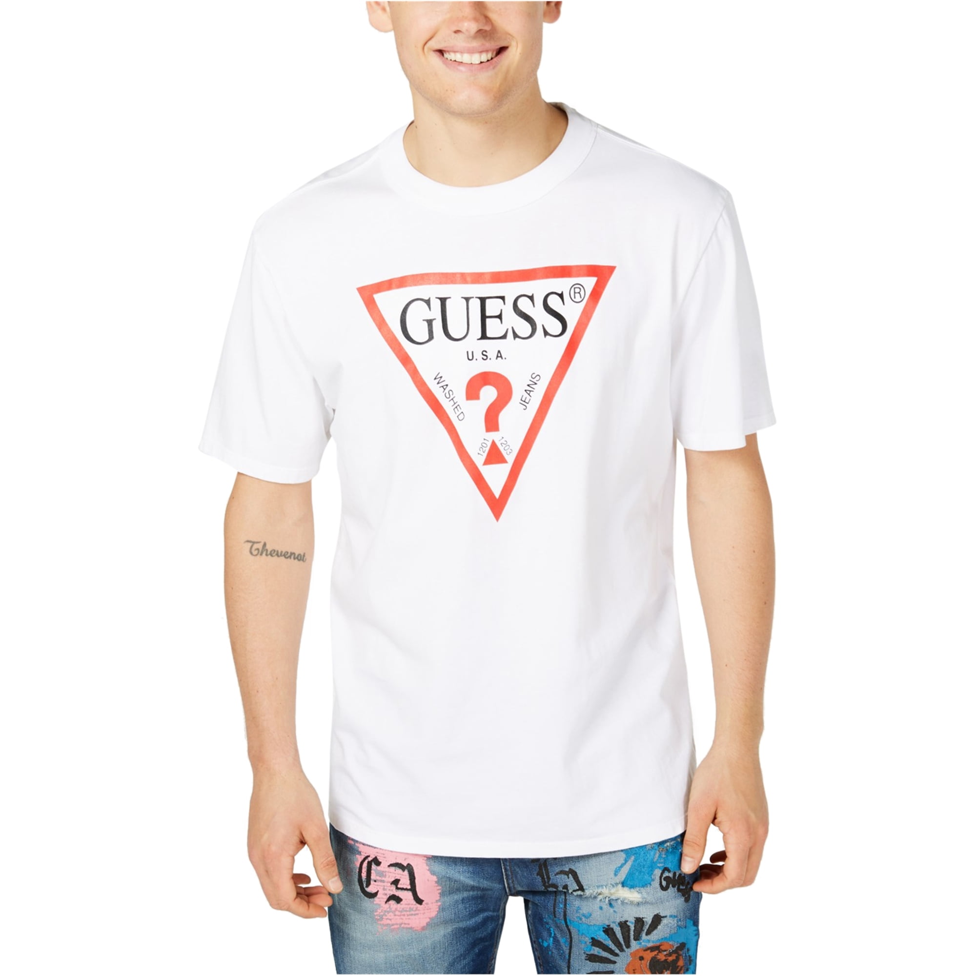 GUESS - GUESS Mens Triangle Logo Graphic T-Shirt, White, Large ...