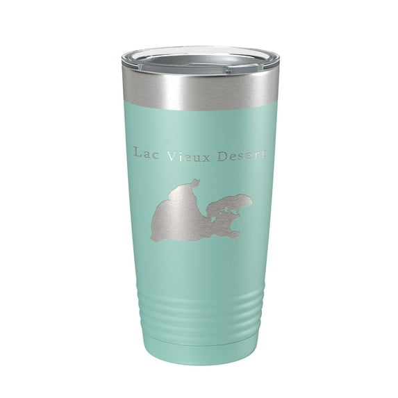 Lac Vieux Desert Tumbler Lake Map Travel Mug Insulated Laser Engraved Coffee Cup Michigan Wisconsin 20 oz Teal
