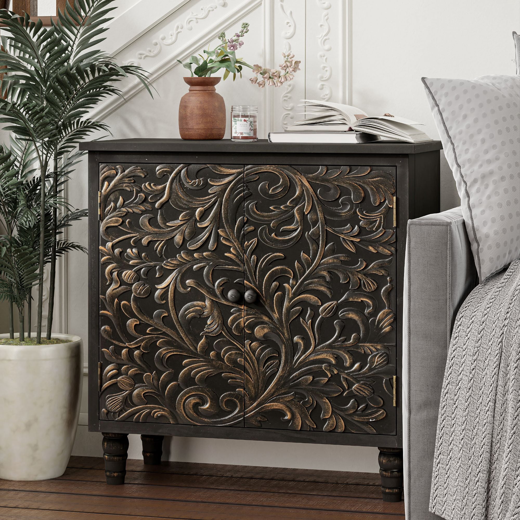COZAYH 2 Door Farmhouse Storage Cabinet with Embossed Distressed Flower Motif, Vintage Side Table for Living Room, Bedroom, Boho, Black