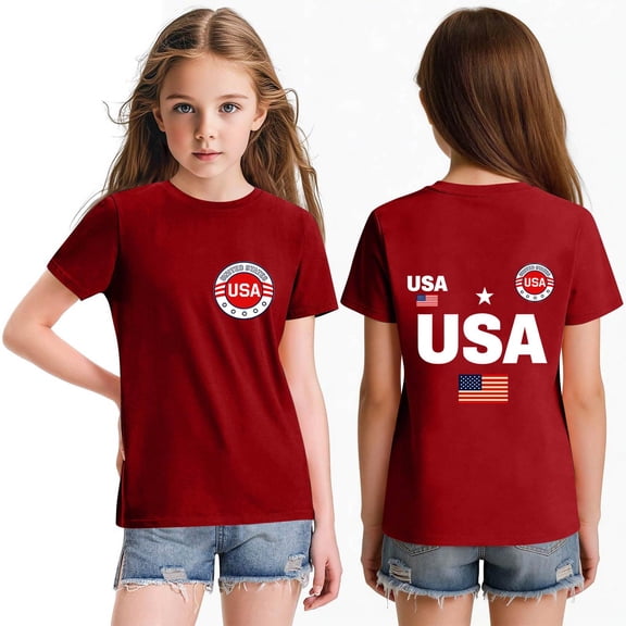 CCRFTGI 4th of July USA Tops for Kids Girls Size 8 Short Sleeve Funny USA Flag Summer Cute T-Shirts Independence Day Girls Clothes Tee Shirt Red 12-13 Years