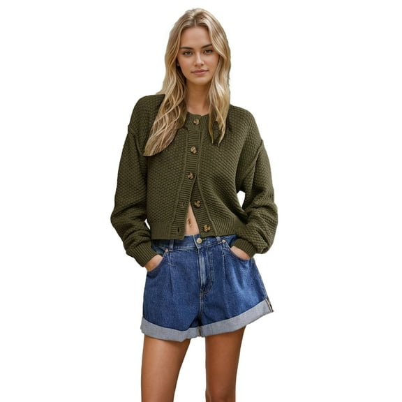Women'S Oversized Cropped Cardigan Sweater Open Front Long Sleeve Button Down Knit Outwear Green L