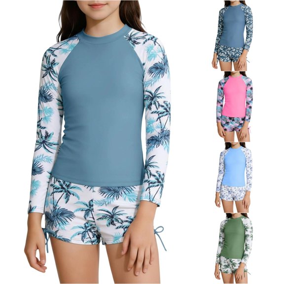 OSOLU Tankini Swimsuits For Girls Two Piece Long Sleeve Rash Guard Swimwear Hawaii Tropical Printed Top And Shorts Bottom Set For Kids 6-14Y Comfy Beachwear