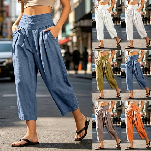 VBVC Women's Cotton Linen Pull-On Capri Pants , Casual Summer Wide Leg Trousers For Women , Ladies' Paper Bag Waist Pleated Pants with Pockets,Beige,S-2XL