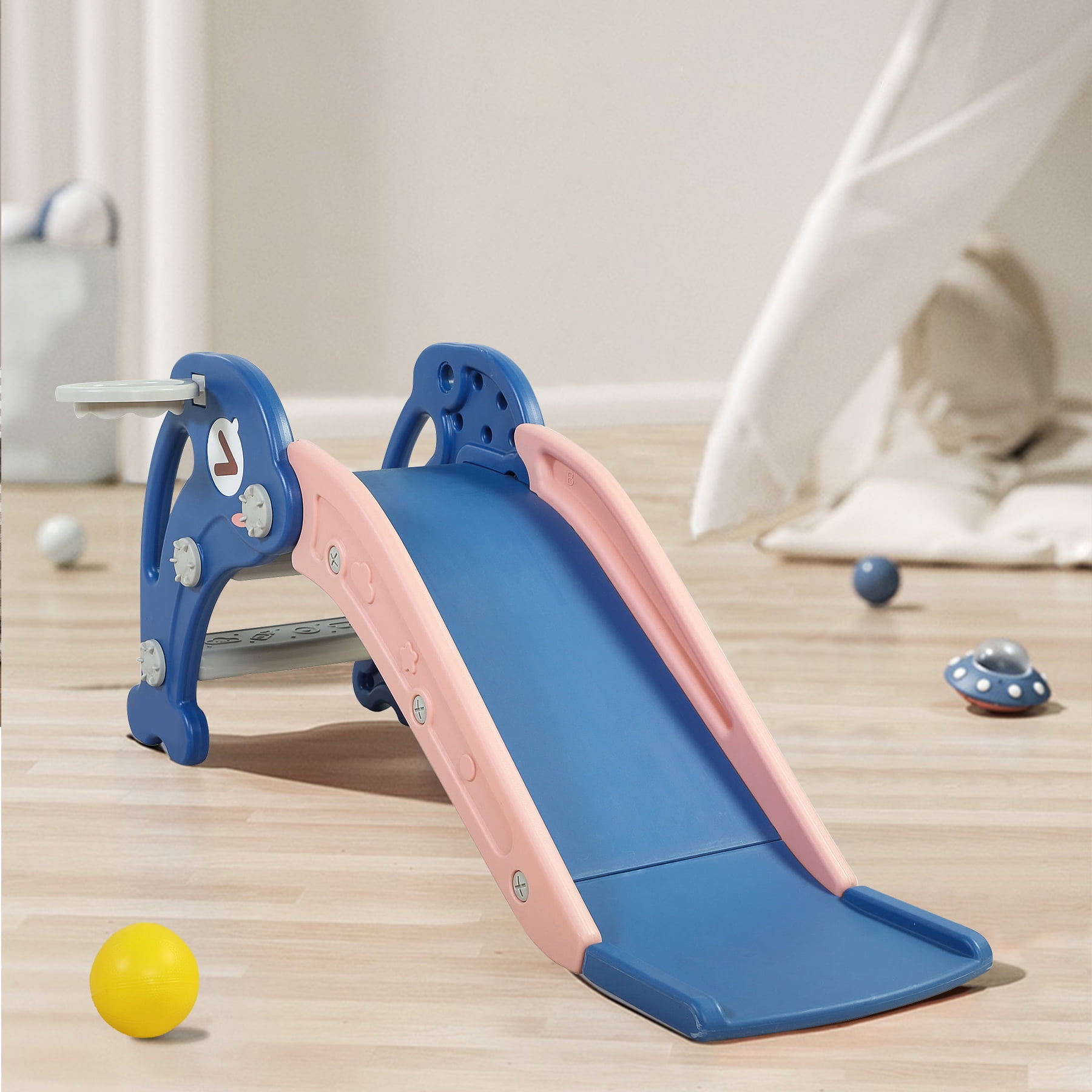 3 in 1 Toddler Slide, Freestanding Extra Long Slide with Basketball Hoop & Ball, Blue