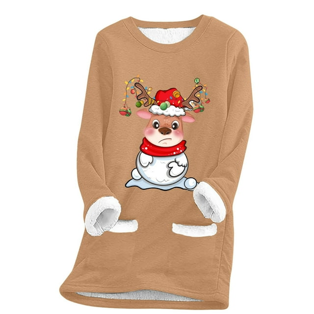 WEAIXIMIUNG Chandails en Molleton Courts pour Femmes Grande Taille Pull Thermique à Manches Longues Col Rond avec Poche
