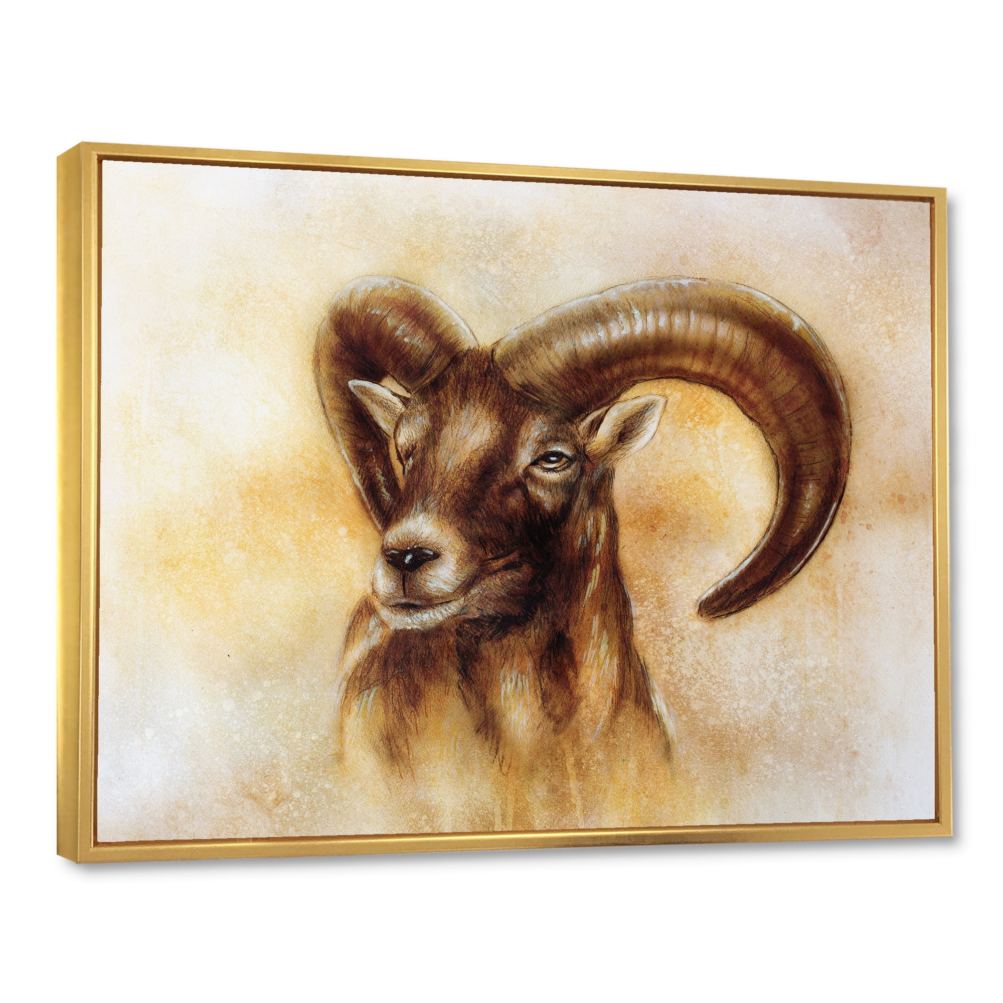 Designart 'Abstract Portrait of Wild Ram With Mighty Horns I' Modern Framed Canvas Wall Art Print