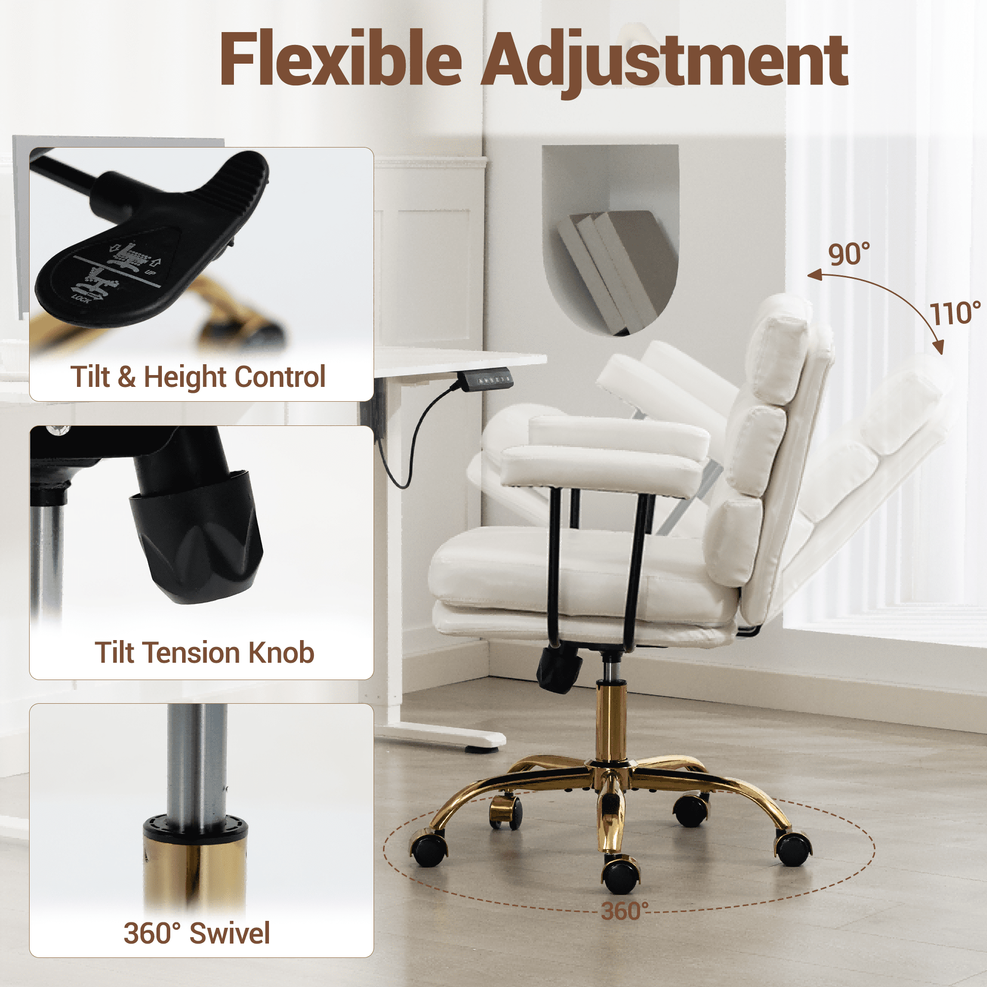 WENTUM Office Chair,Mid Back Home Office Desk Task Chair, Ergonomic PU Leather Computer Rolling Swivel Chair with Padded Armrest, White
