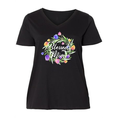 

Inktastic Blessed Mimi with Pastel Tulips Women s Plus Size V-Neck