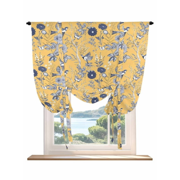 Vintage Flower Tie Up Curtains for Windows 54 Inch Length Balloon Curtains Kitchen Adjustable Balloon Window Shade Country Bird Garden Butterfly Yellow Tie Up Valance Bathroom Curtain Window 42"x54"