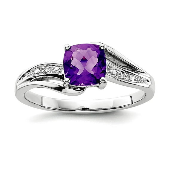 925 Sterling Silver Polished Prong set Rhodium Plated Diamond and Amethyst Square Ring Size 7 2mm Wide Ring for Women