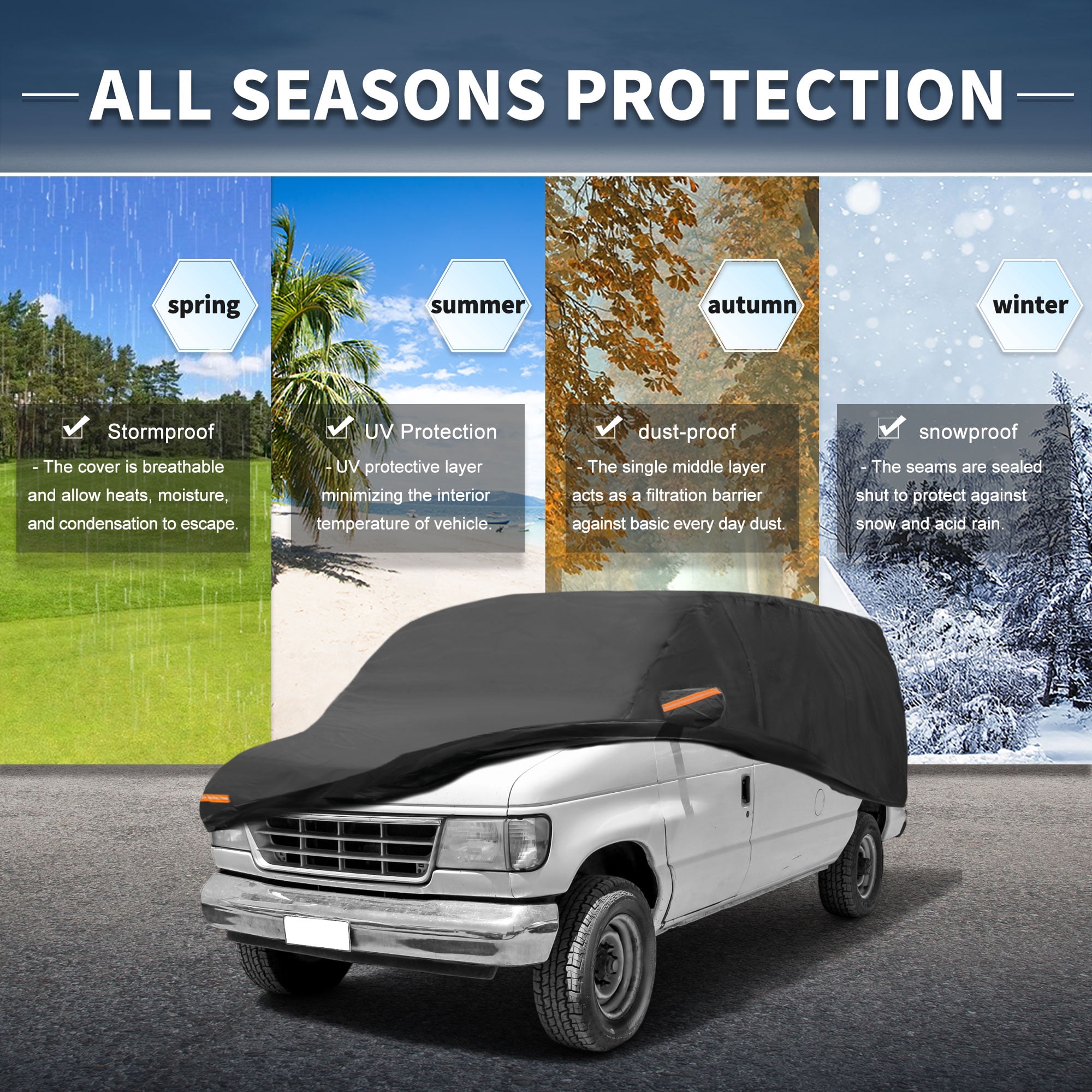 Unique Bargains 210D-PU Car Cover Black for Black ford E-Series 192.91"x75.2"x66.93"