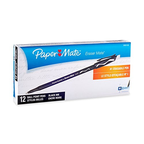 Eraser Mate Ballpoint Stick Erasable Pen, Black Ink, Medium, Dozen