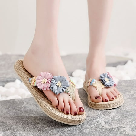 

Women Weave Beach Breathable Sandals Home Slipper Flowers Flip-Flops Flat Shoes