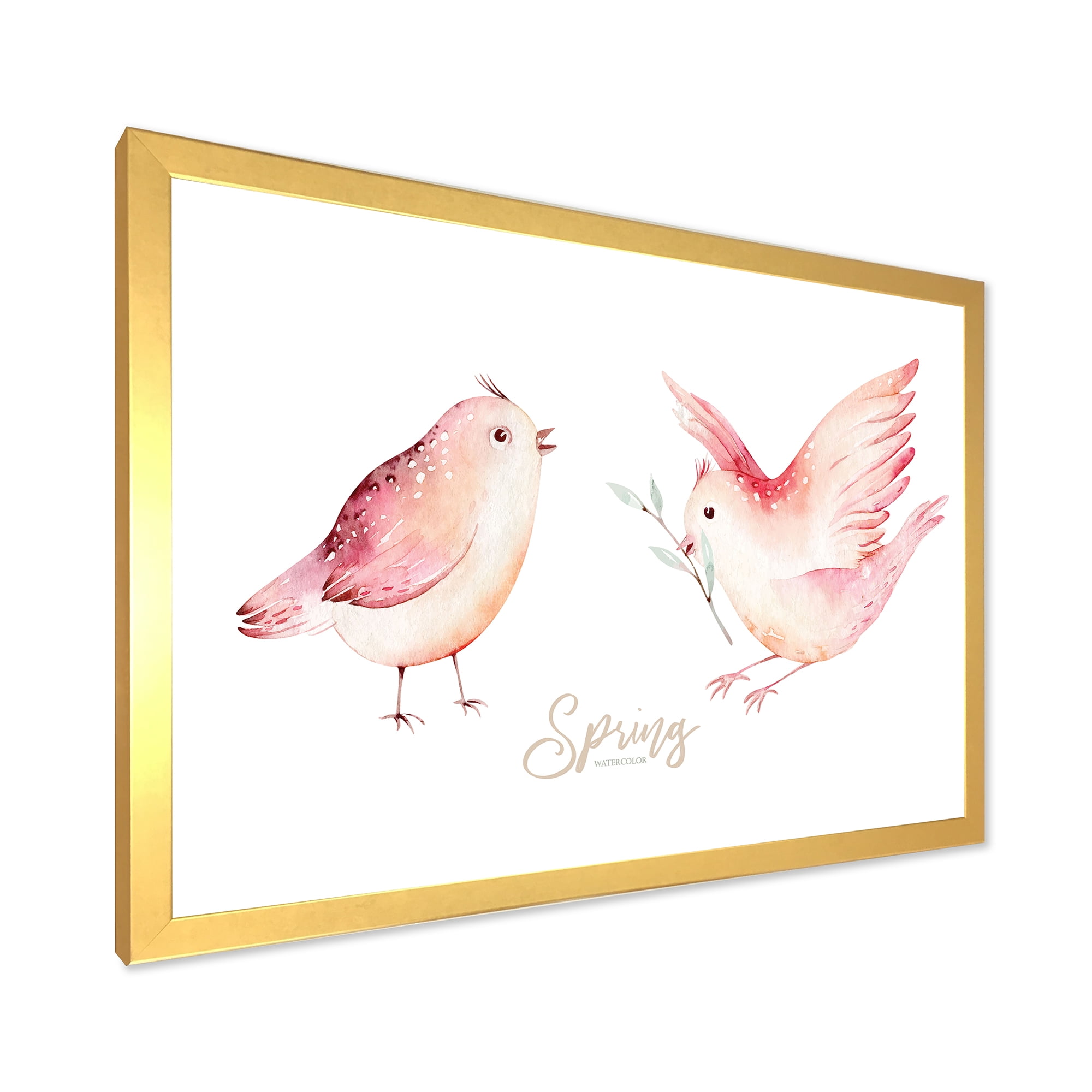Designart 'Spring Bird With Green Leaves On White' Traditional Framed Art Print