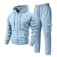thumbnail image 2 of Hearthz Sweatsuits Men 2 Piece Outfit Drawstring Elastic Fleece Hoodie Jacket Sweatsuits Cargo Pants Solid Color Sweatsuits Men Light Blue S, 2 of 7