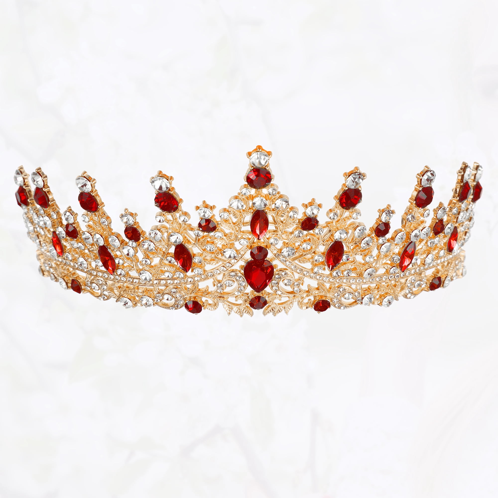 Unique Bargains Women Faux Crystal Queen Crowns Tiara Hair Accessories Gold Tone Red