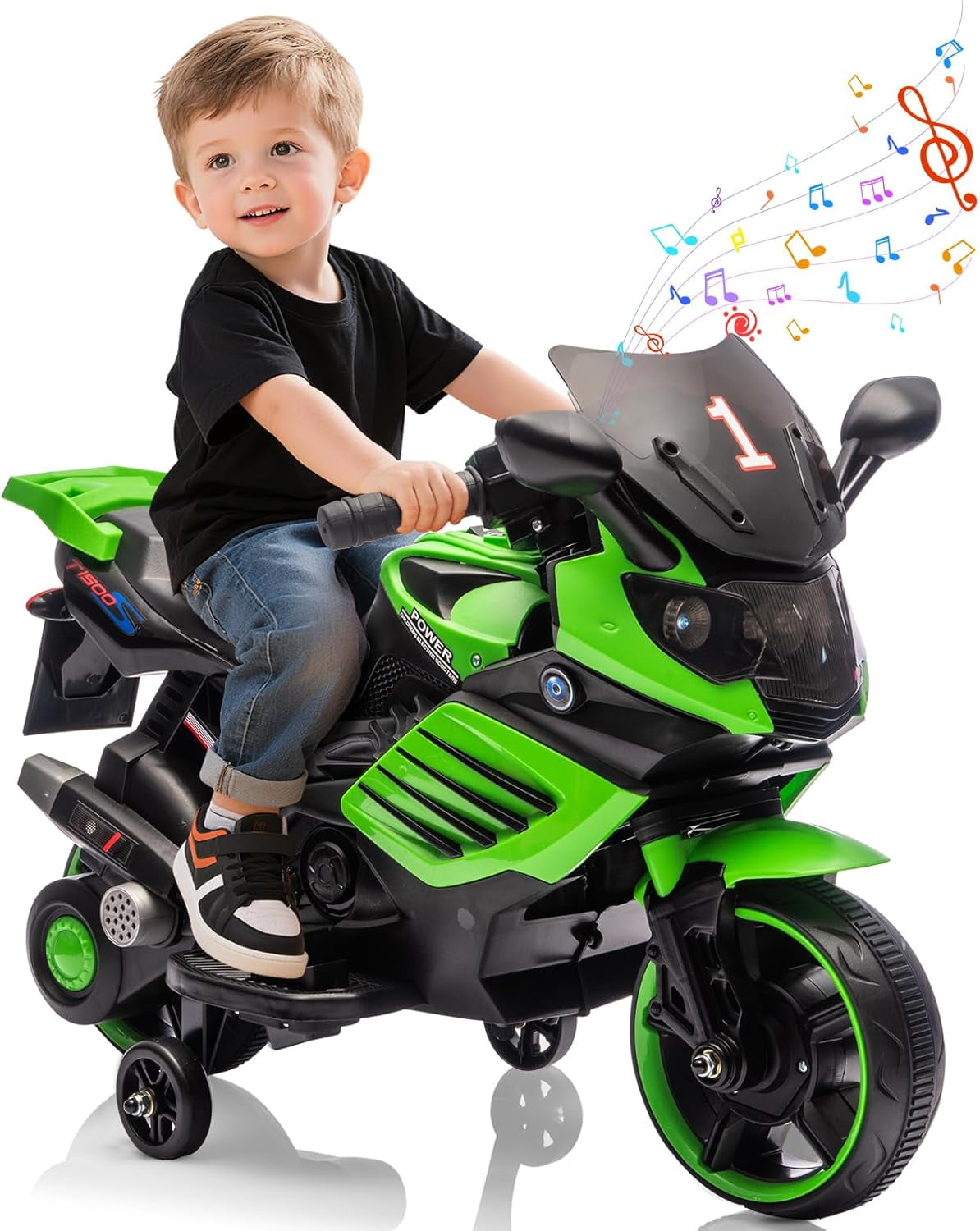 Trilenars 6V Motorcycle, Electric Ride On Car Toy with Training Wheels, Working Headlight, Horn & Music, Battery PoweRed Ride On Motorcycle Toy for Ages 3-6,Green