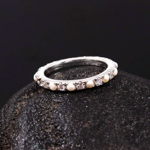 Dainty Natural Pearl Gemstone Band,Round Shape, Cabochon Cut 925 Sterling Silver, Moissanite Gemstone Band, Full Eternity Band Gift For Her.